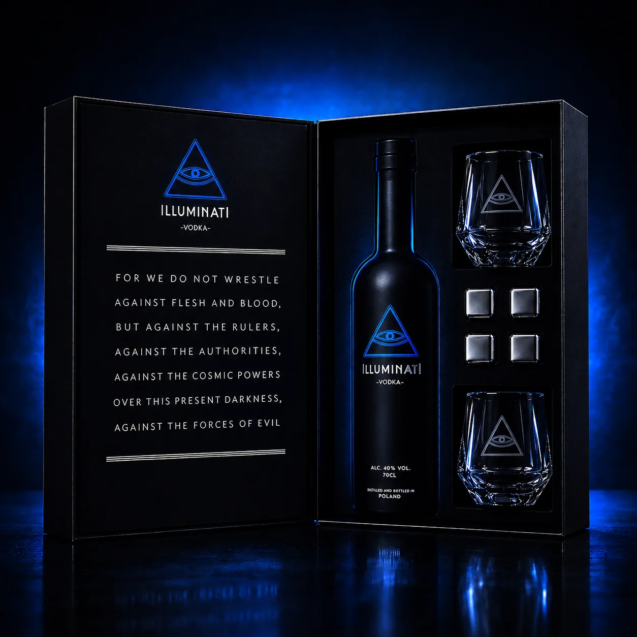 Illuminati Original Collector's Edition: a lacquered black presentation case holding a 70cl bottle, two engraved crystal glasses and four stainless-steel chilling stones