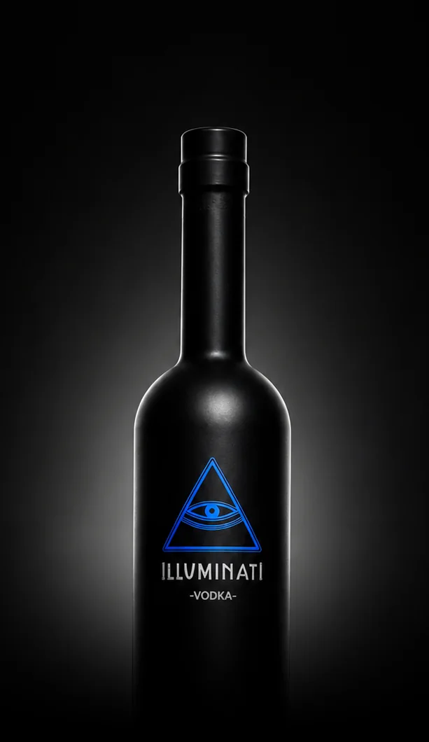 Illuminati Vodka Original 70cl: a matte black bottle with a glowing blue eye in a triangle